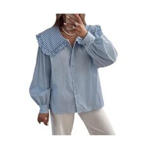 Light Blue Striped Button-Down Top with Gingham Collar